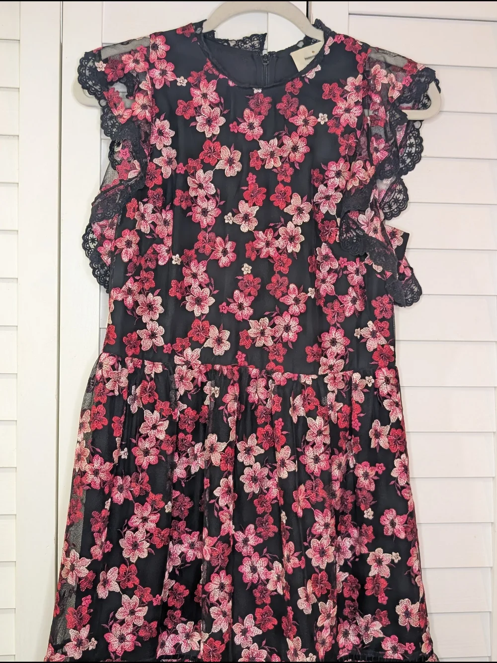 Kate Spade Black and Pink Floral Embroidered Tulle Flutter Sleeve Mini Dress